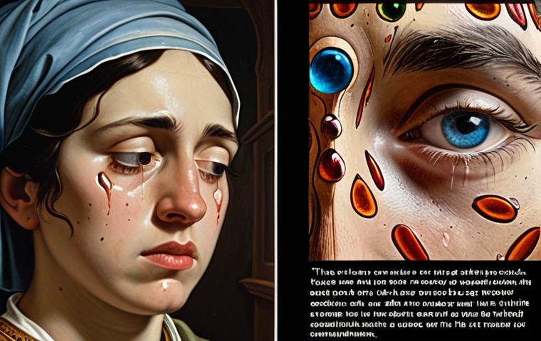 **Prompt:** A split-screen image. On one side, a detailed painting of a historical scene with accompanying text explaining its historical context and artistic significance. On the other side, a close-up of someone looking at the same painting with tears in their eyes, a thought bubble above their head filled with abstract shapes and colors. The overall mood is contemplative and highlights the objective vs. subjective experience of art.