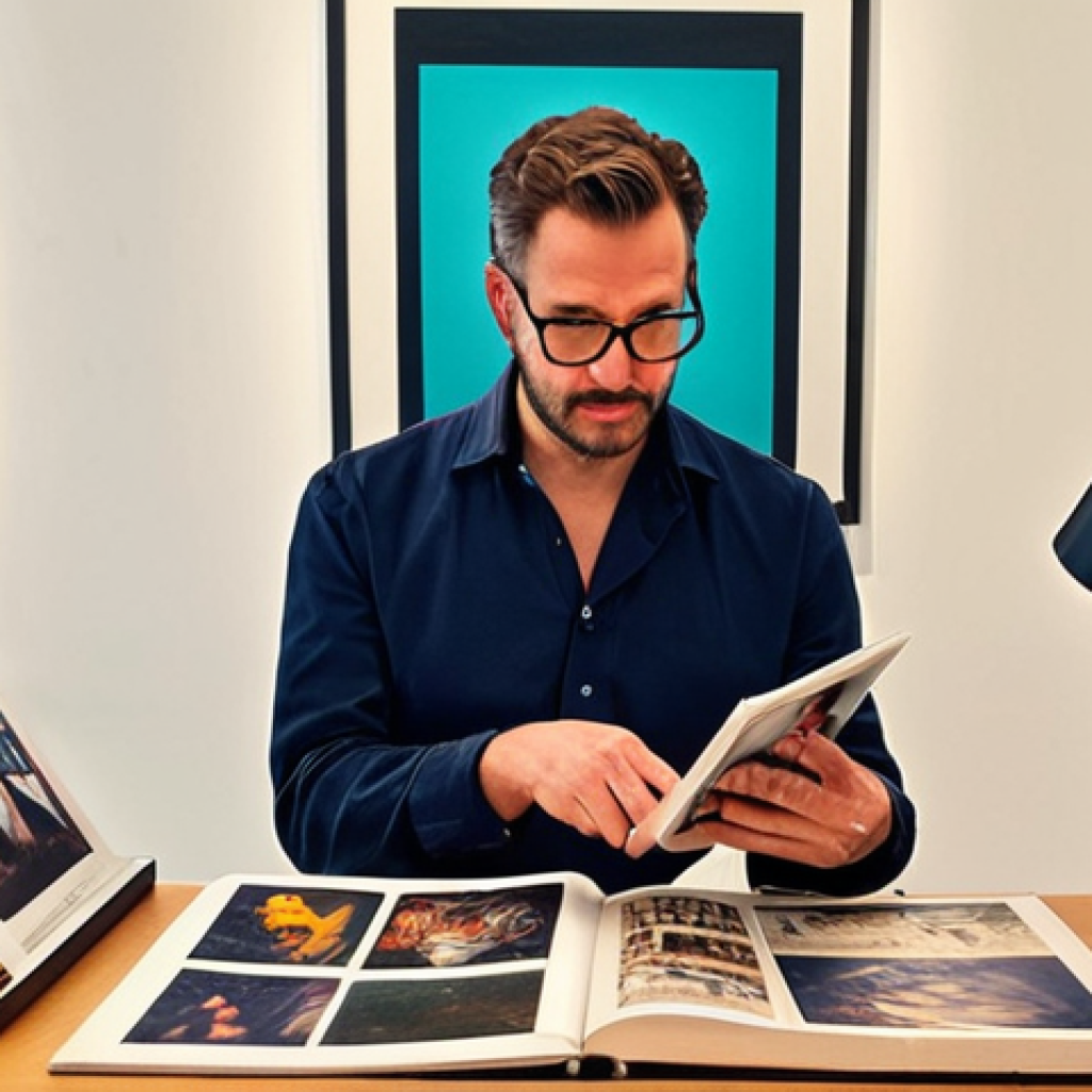 **Prompt:** A contemporary art critic, male or female, mid-career, seated at a modern desk. The desk features a blend of traditional tools like opened art history books and physical prints, alongside prominent digital devices such as a laptop displaying social media feeds (e.g., Instagram art posts, X/Twitter feed with art discussions) and a smartphone showing a blog or online publication. The critic is actively engaged, perhaps typing or gesturing towards the screen, conveying a sense of bridging the old and new. In the soft-focus background, a well-lit art gallery or museum space is visible, hinting at their physical environment. The overall mood is intellectual, dynamic, and forward-looking, emphasizing the shift from academic evaluation to digital influence. Use a vibrant, professional color palette with a clean, sharp aesthetic.