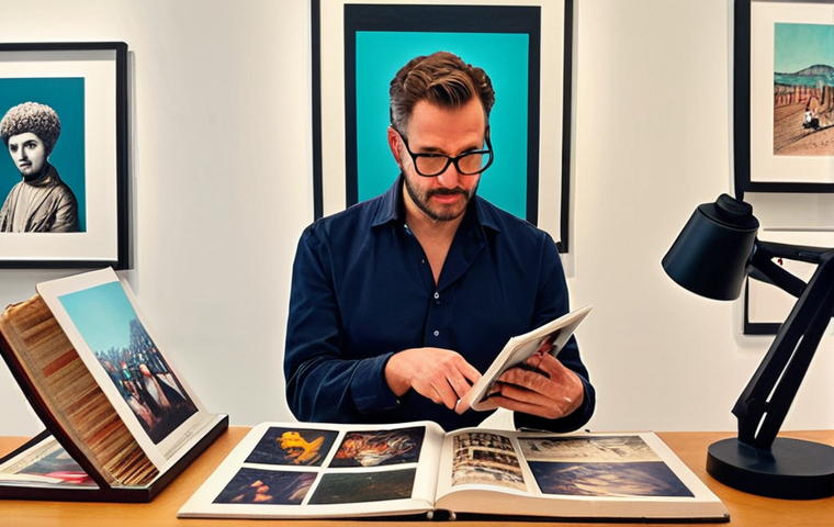 **Prompt:** A contemporary art critic, male or female, mid-career, seated at a modern desk. The desk features a blend of traditional tools like opened art history books and physical prints, alongside prominent digital devices such as a laptop displaying social media feeds (e.g., Instagram art posts, X/Twitter feed with art discussions) and a smartphone showing a blog or online publication. The critic is actively engaged, perhaps typing or gesturing towards the screen, conveying a sense of bridging the old and new. In the soft-focus background, a well-lit art gallery or museum space is visible, hinting at their physical environment. The overall mood is intellectual, dynamic, and forward-looking, emphasizing the shift from academic evaluation to digital influence. Use a vibrant, professional color palette with a clean, sharp aesthetic.