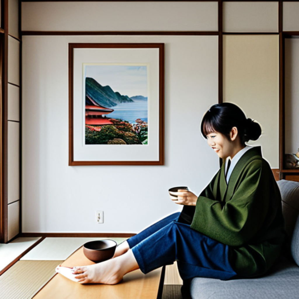 Art in Daily Life**

"A cozy Japanese living room, filled with natural light, featuring a framed postcard art piece on the wall, a small handcrafted object on a shelf, and a person (fully clothed, modest casual wear) relaxing with a cup of tea, safe for work, appropriate content, family-friendly, perfect anatomy, correct proportions, natural pose, high quality, professional photography."

**