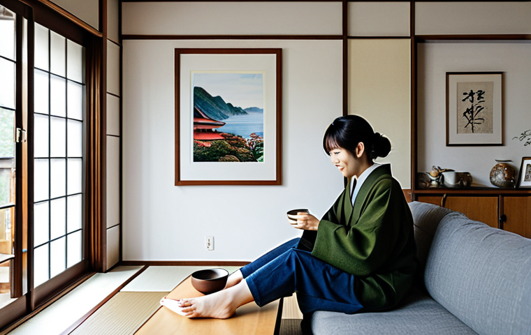 Art in Daily Life**

"A cozy Japanese living room, filled with natural light, featuring a framed postcard art piece on the wall, a small handcrafted object on a shelf, and a person (fully clothed, modest casual wear) relaxing with a cup of tea, safe for work, appropriate content, family-friendly, perfect anatomy, correct proportions, natural pose, high quality, professional photography."

**