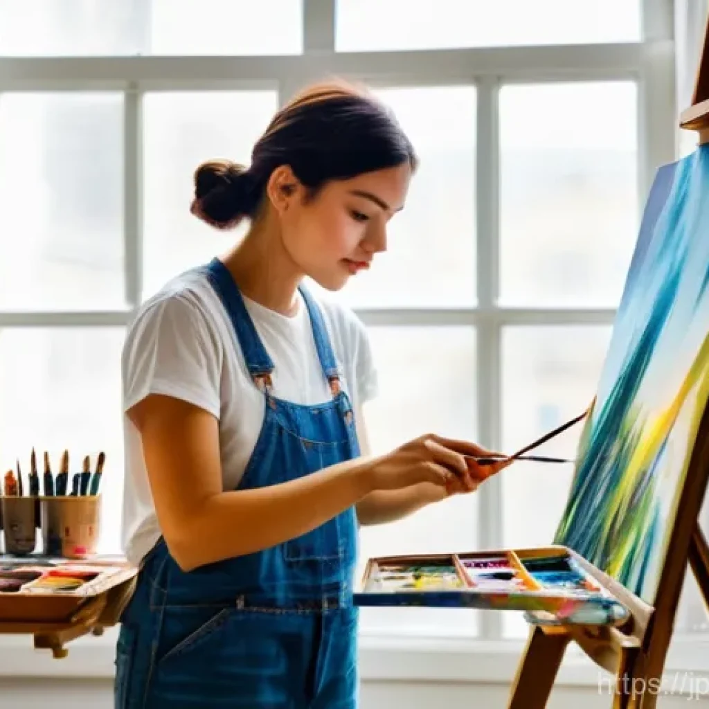 미술평론가의 비평적 접근법 - A focused, young female artist, wearing modest denim overalls over a simple white t-shirt, is deeply...