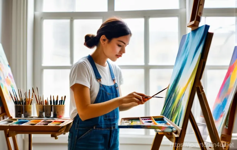 미술평론가의 비평적 접근법 - A focused, young female artist, wearing modest denim overalls over a simple white t-shirt, is deeply...