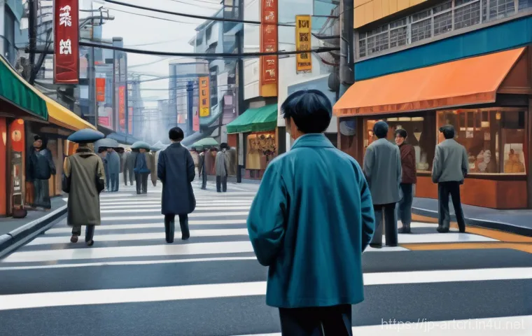미술평론가의 평가 기준과 방법 - A poignant oil painting depicting a bustling street scene in a 1970s Japanese city during its rapid ...