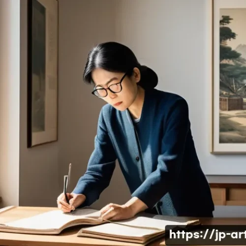 미술평론가의 작업 프로세스 - A modern Japanese art critic attentively observing a post-war Japanese painting in a bright, minimal...