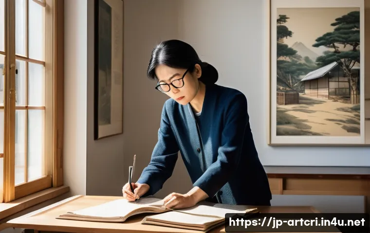 미술평론가의 작업 프로세스 - A modern Japanese art critic attentively observing a post-war Japanese painting in a bright, minimal...