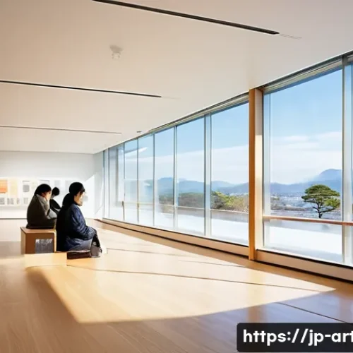 미술평론가 추천 도서 - A detailed interior view of a modern art museum gallery in Japan, showcasing conceptual art installa...