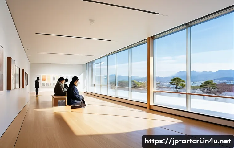 미술평론가 추천 도서 - A detailed interior view of a modern art museum gallery in Japan, showcasing conceptual art installa...