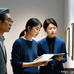미술평론가를 위한 창작과 비평의 균형 - A contemporary art exhibition scene in Japan, featuring a diverse group of artists and critics engag...