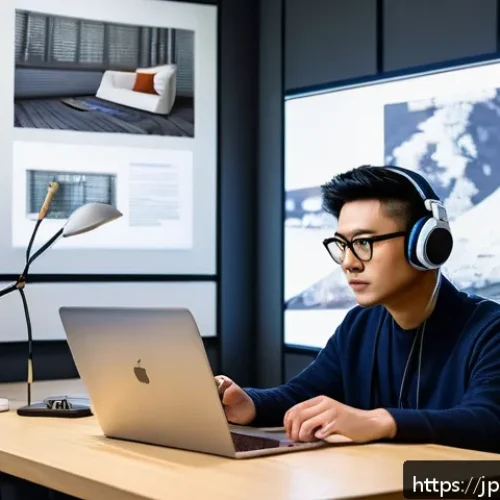 미술평론가 교육 과정 - A modern Japanese art critic sitting at a sleek desk with multiple digital devices: a laptop display...
