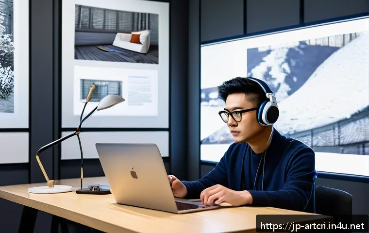 미술평론가 교육 과정 - A modern Japanese art critic sitting at a sleek desk with multiple digital devices: a laptop display...