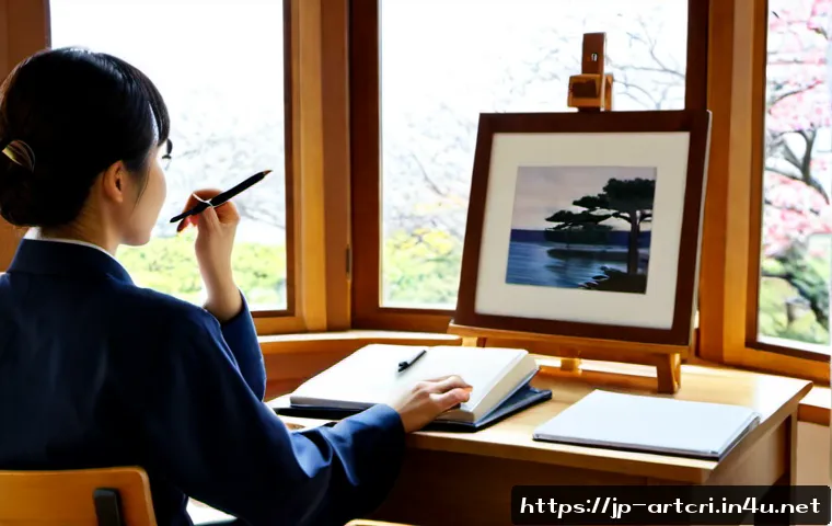 미술평론가로서 글쓰기 능력 향상법 - Photorealistic Japanese art critic at a quiet wooden desk beside a large window, thoughtfully compar...