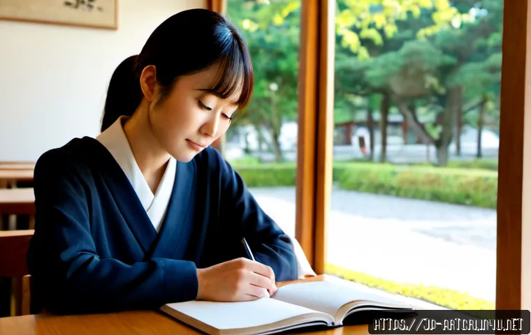 미술평론가의 업무 일지 작성법 - Photorealistic editorial scene of a Japanese art critic at a quiet museum café table, carefully docu...