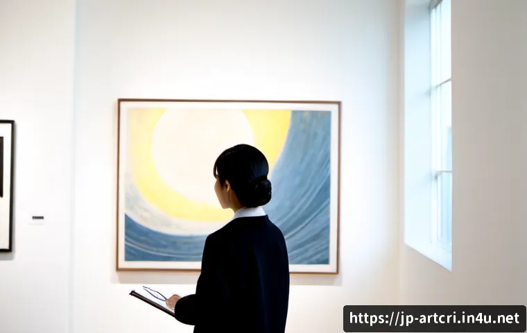 미술평론가의 지속 가능한 커리어 - Photorealistic Japanese art critic in a calm contemporary gallery, thoughtfully examining a large ab...