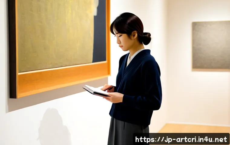 미술평론가 직업 전망 - Photorealistic Japanese art critic in a quiet contemporary gallery, thoughtfully examining a large a...